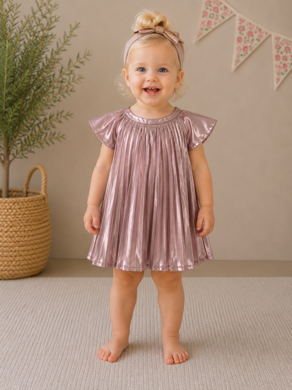 Gap Toddler Metallic Pink Pleated Party Dress Shimmer Holiday | Size 12-18M